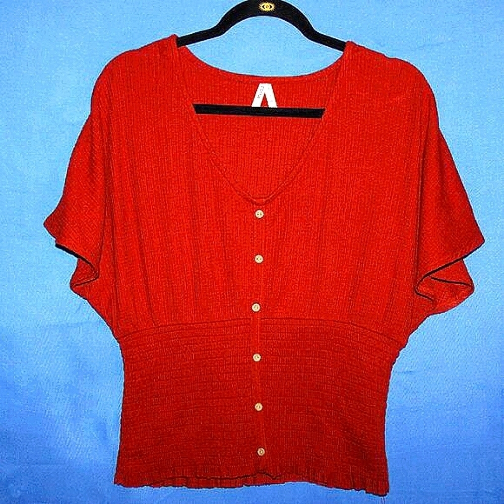 Mudd Ribbed Knit Button-Front Top - Women's Size XL - Rust Orange - Boho Style